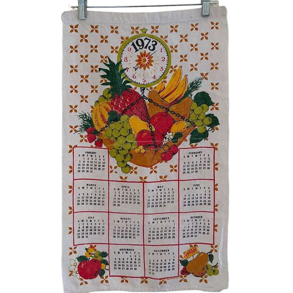 Vintage 1973 Calendar Tea Towel Fruit Bowl